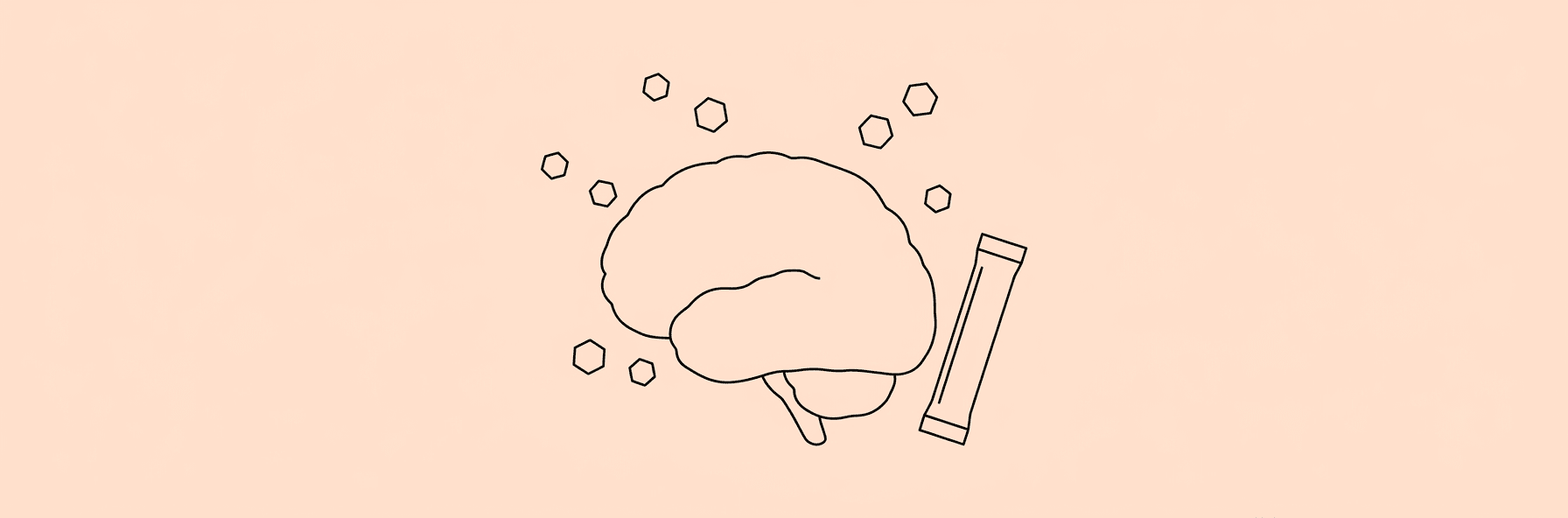 Minimal line-art of a human brain surrounded by sweetener molecules on a peach background