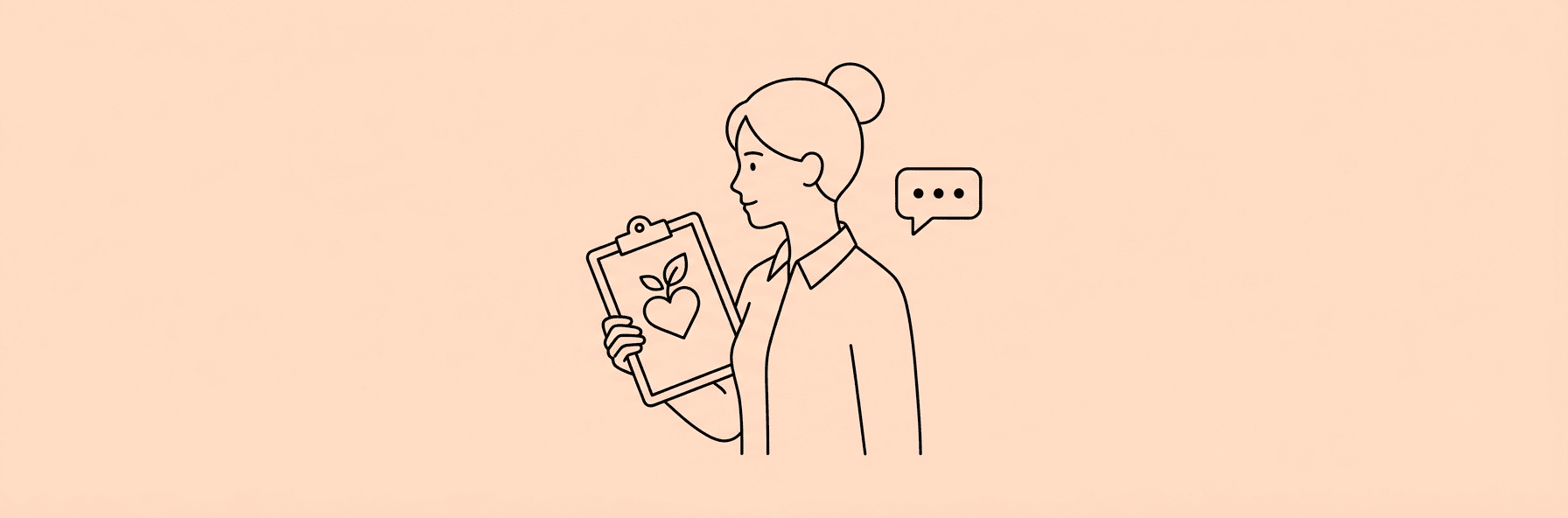 Line art of a woman holding a clipboard with a heart-and-leaf icon next to an AI chat bubble