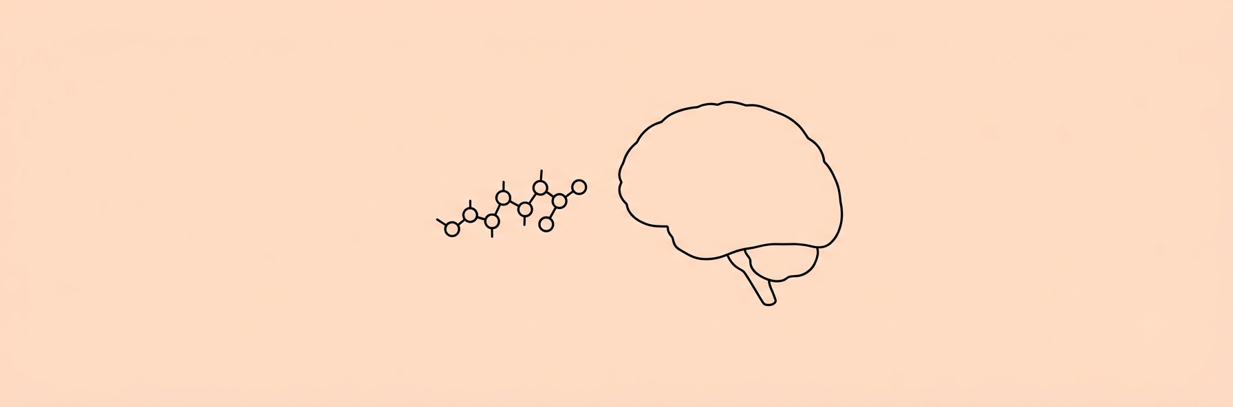 Peptide molecule chain near brain silhouette on peach background, lineart style