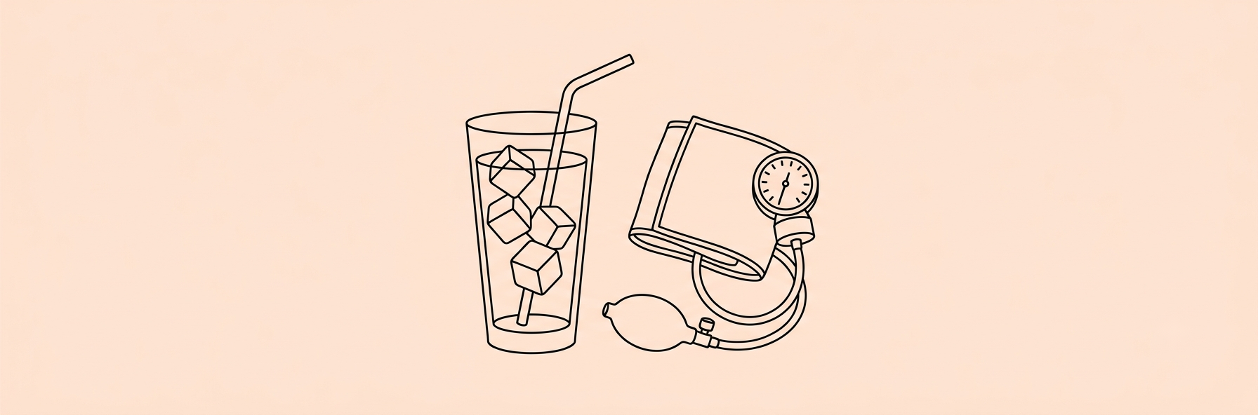 Lineart of a soda glass with straw and a blood pressure cuff on a peach background