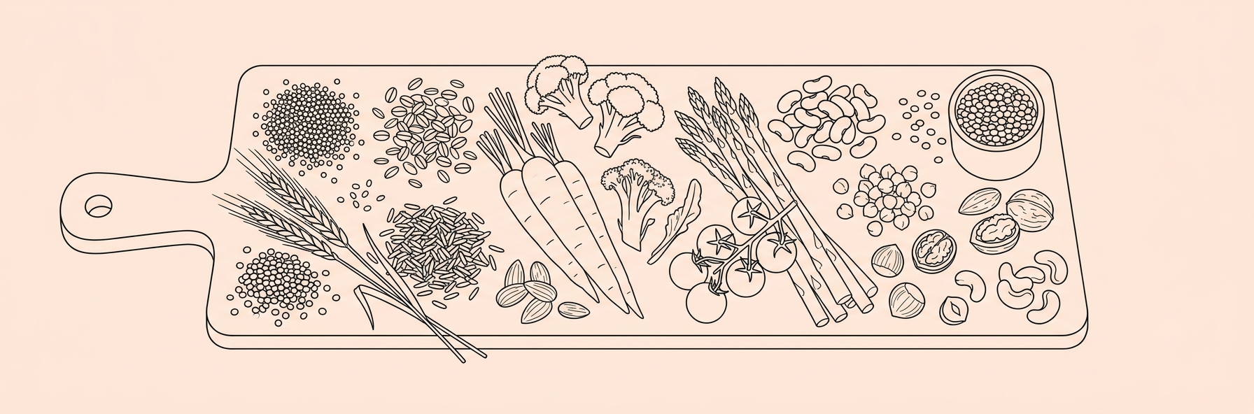 Line-art illustration of whole grains, vegetables, legumes and nuts on a cutting board, black outline on peach background