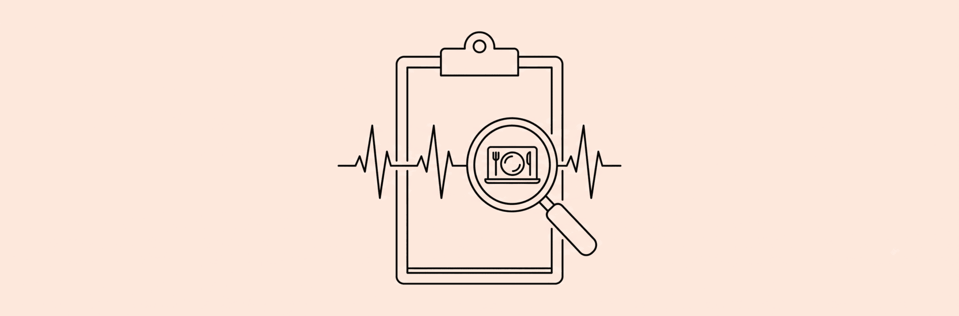 Line art of a hospital chart with a pulse line and a magnifying glass highlighting a meal tray icon