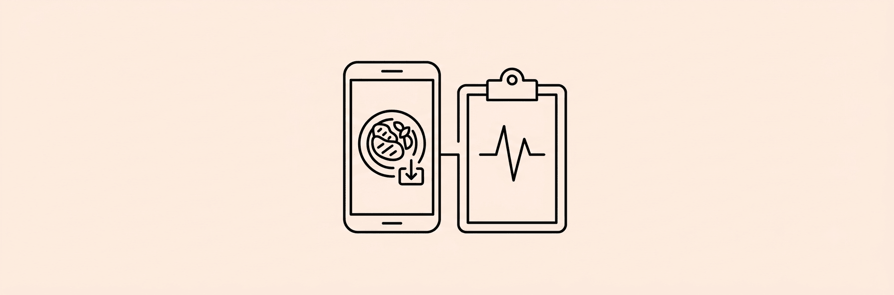 Line art of a smartphone logging a meal next to a medical chart with a pulse line