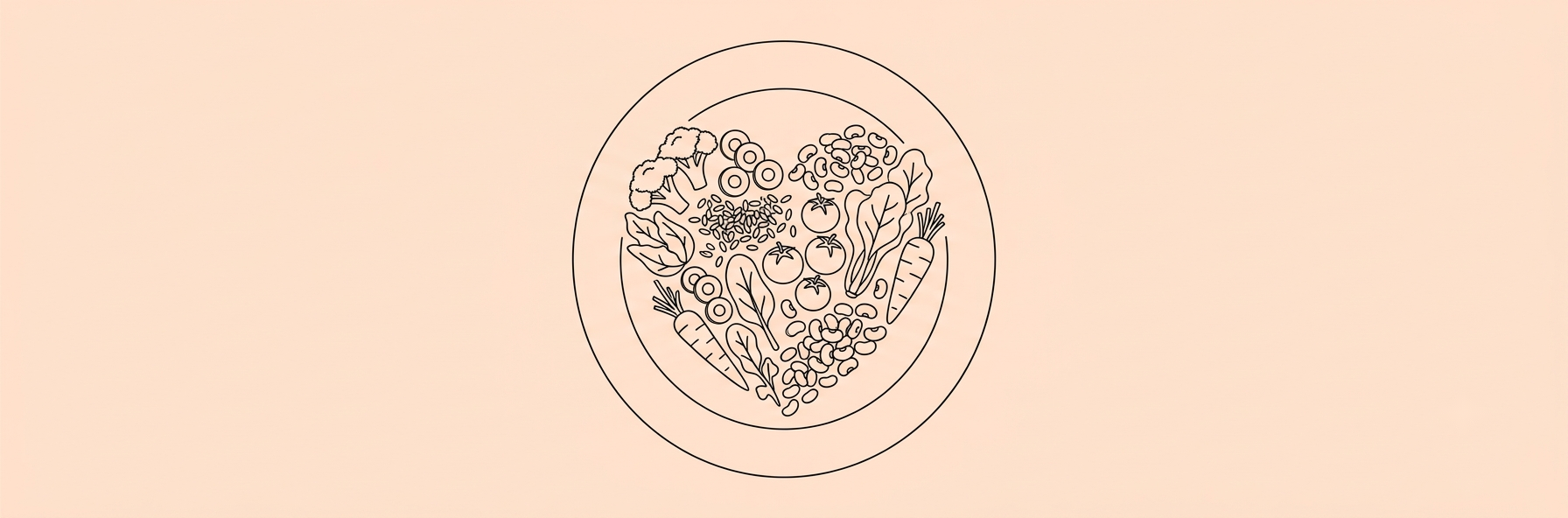 Plate with plant-based foods arranged in a heart shape, lineart illustration