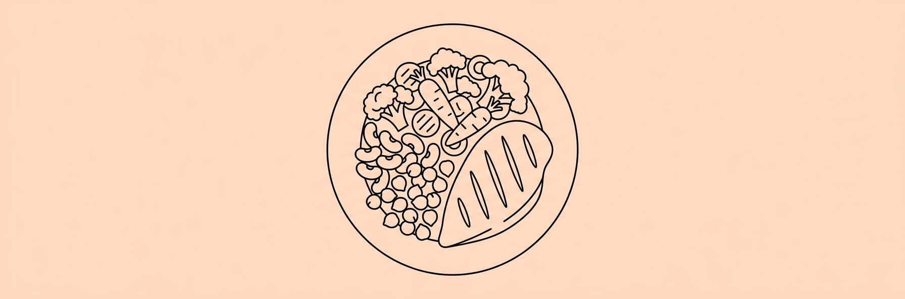 Line-art of a balanced meal plate with chicken, legumes and vegetables on peach background