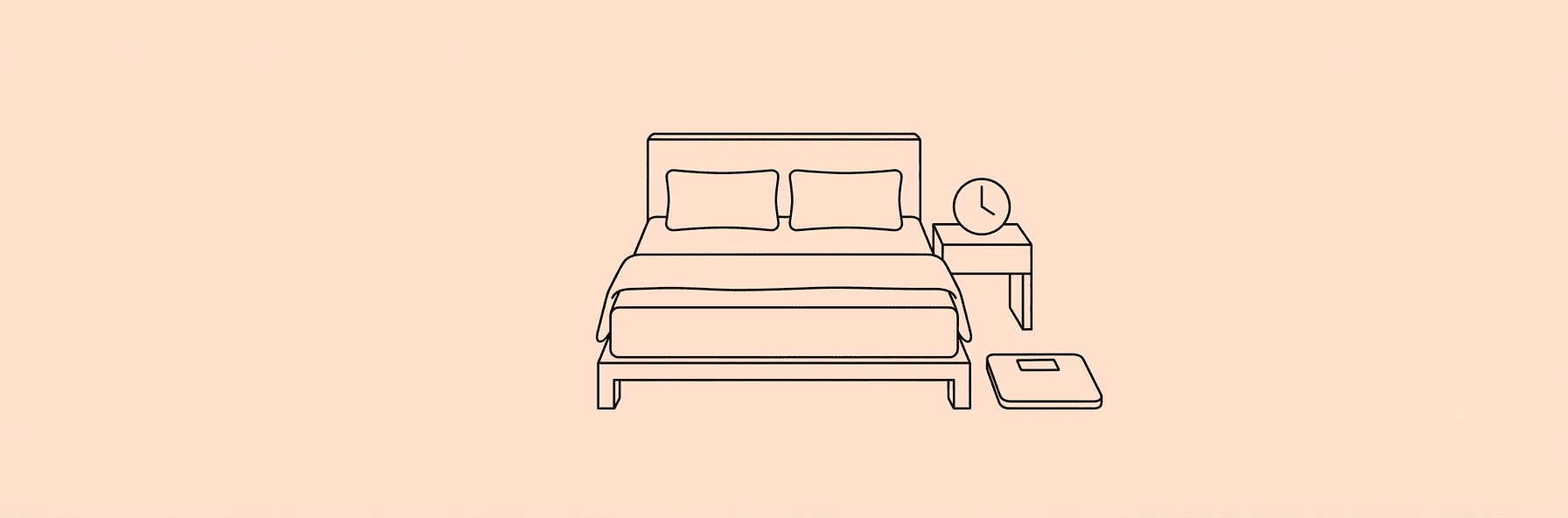 Minimal black line-art of a bed with a bedside clock and a weighing scale on a peach background