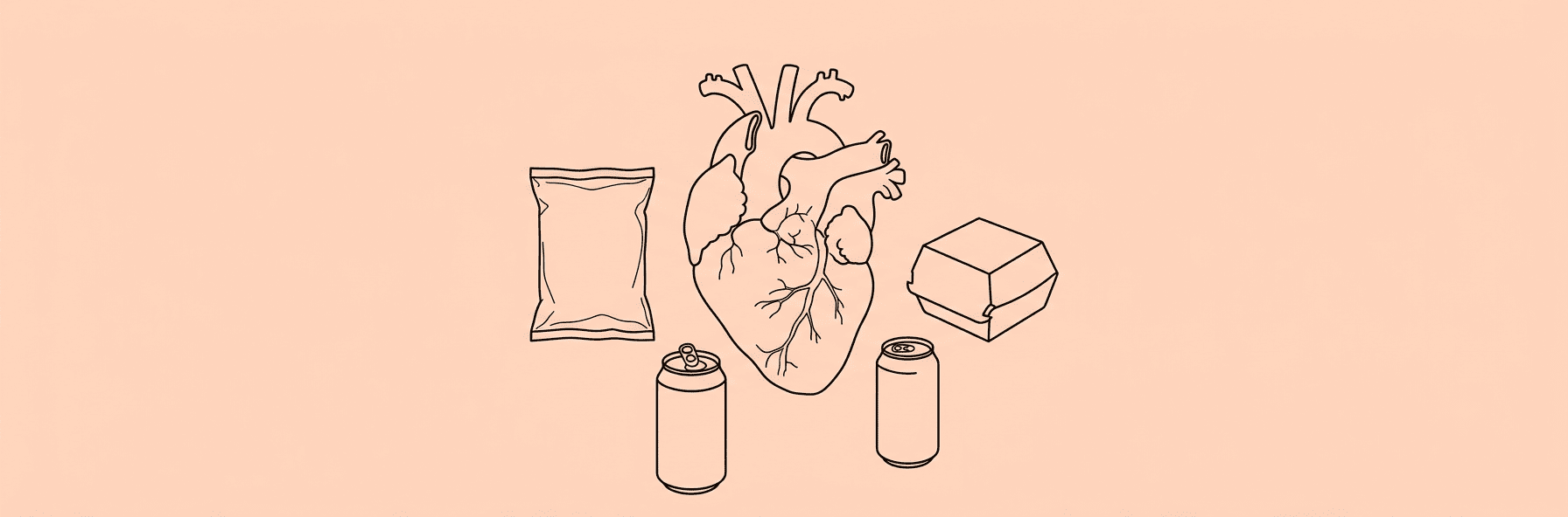 Line-art drawing of a heart surrounded by ultra-processed food packaging on peach background