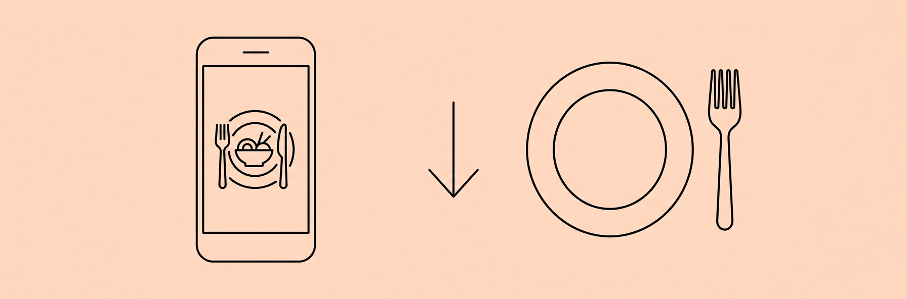 Smartphone with food photo beside a plate and fork, with a downward arrow showing calorie underestimation — lineart on peach background