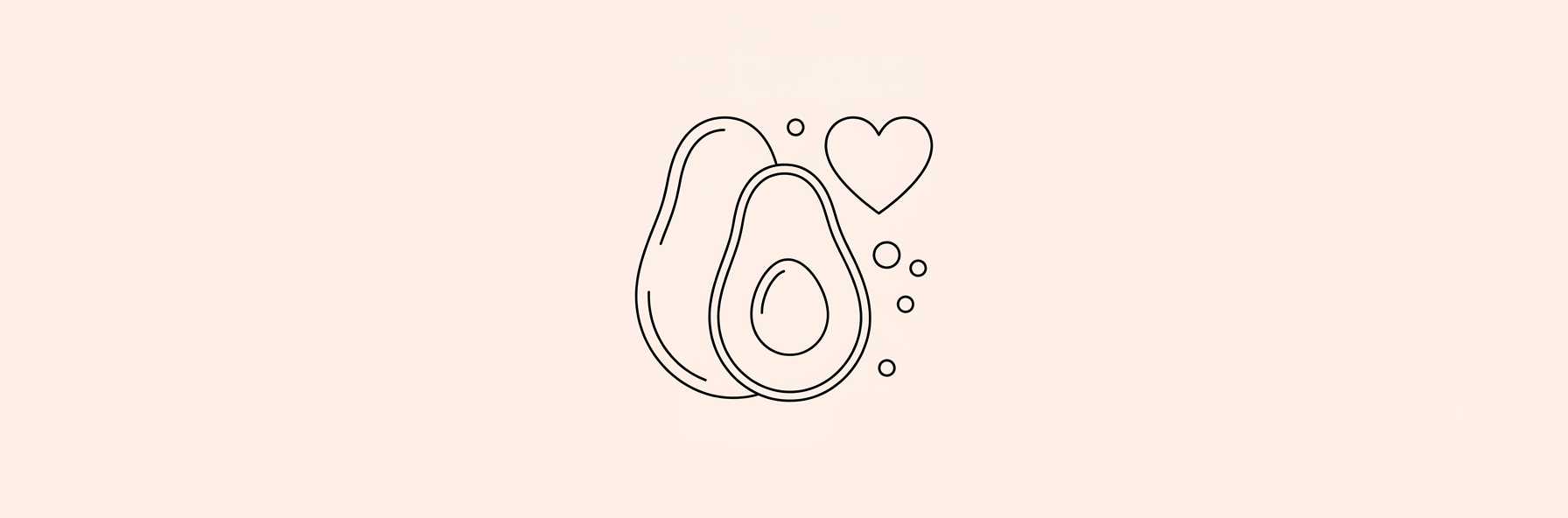 Line-art avocado halved with pit next to a heart symbol, peach background