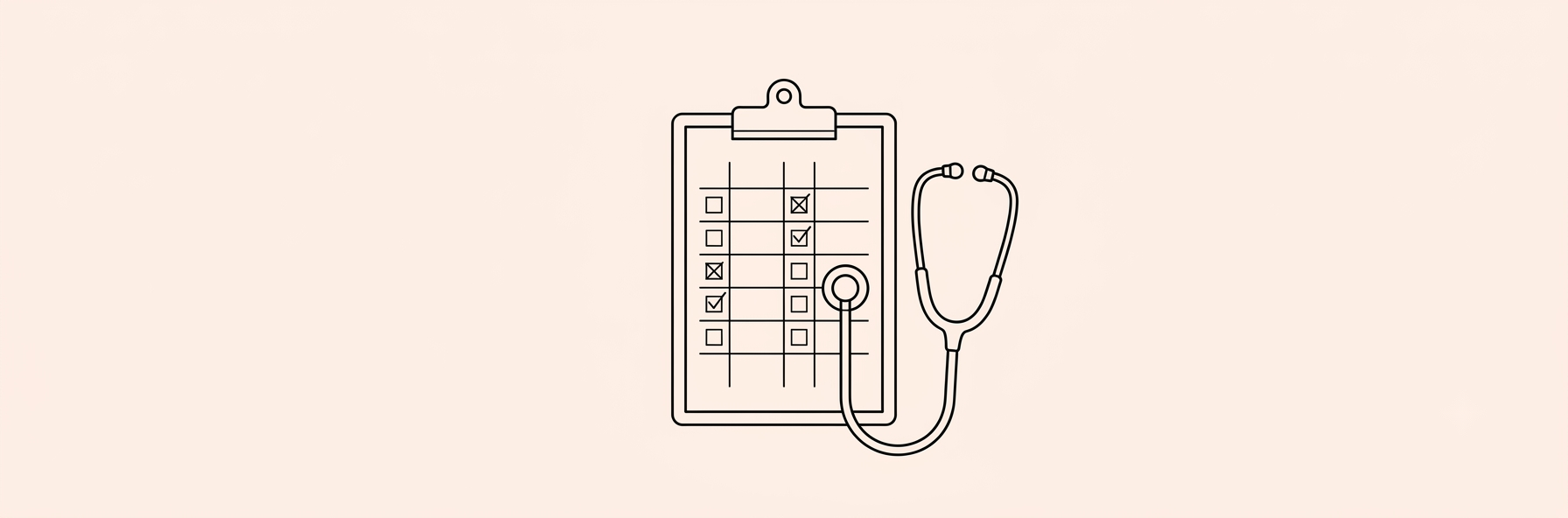 Hospital clipboard with nutrition checklist and stethoscope, lineart style on peach background