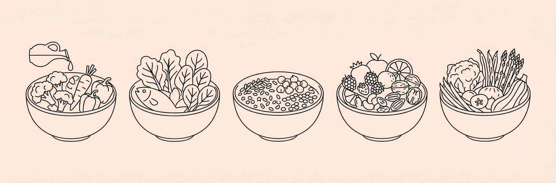 Five food bowls in minimal line-art style representing five longevity dietary patterns on a peach background