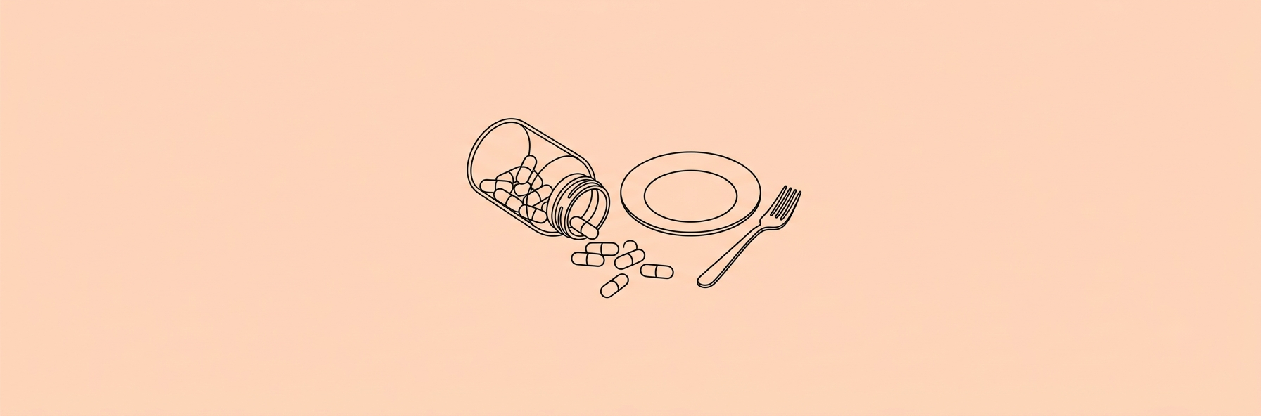 Line-art of a vitamin bottle with capsules beside a plate and fork on a peach background