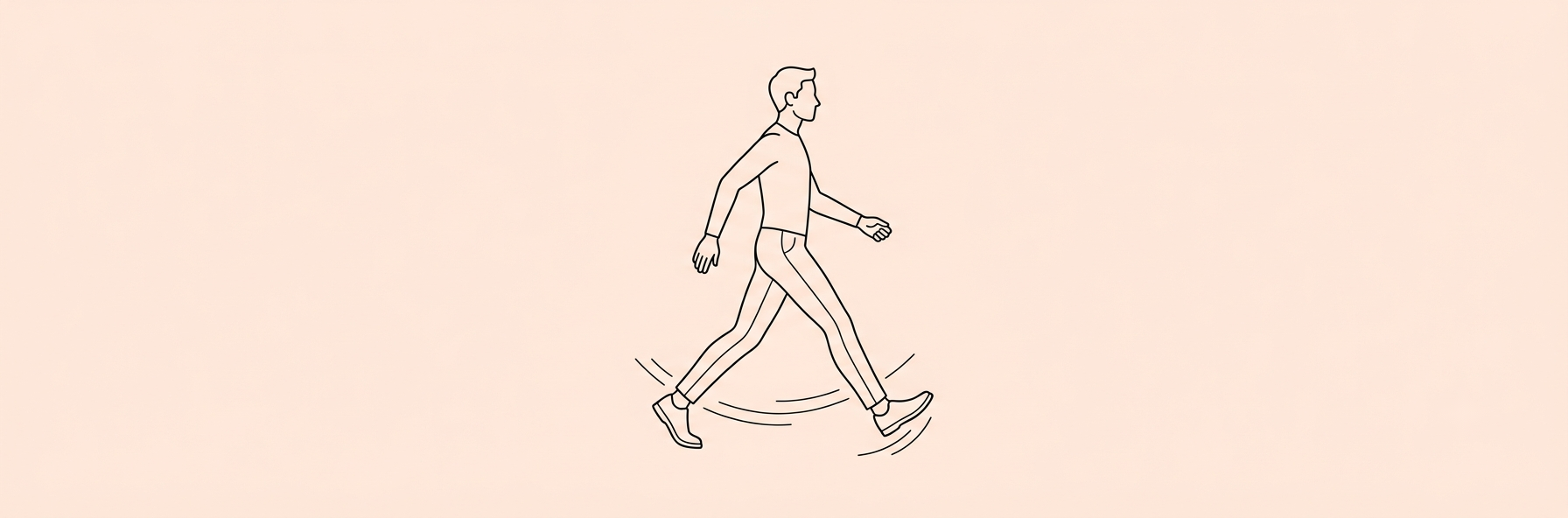 Minimal line-art of a person walking briskly on a peach background