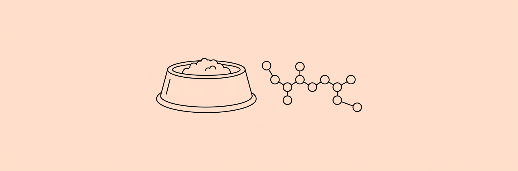 Line-art drawing of a food bowl and protein molecule on a peach background