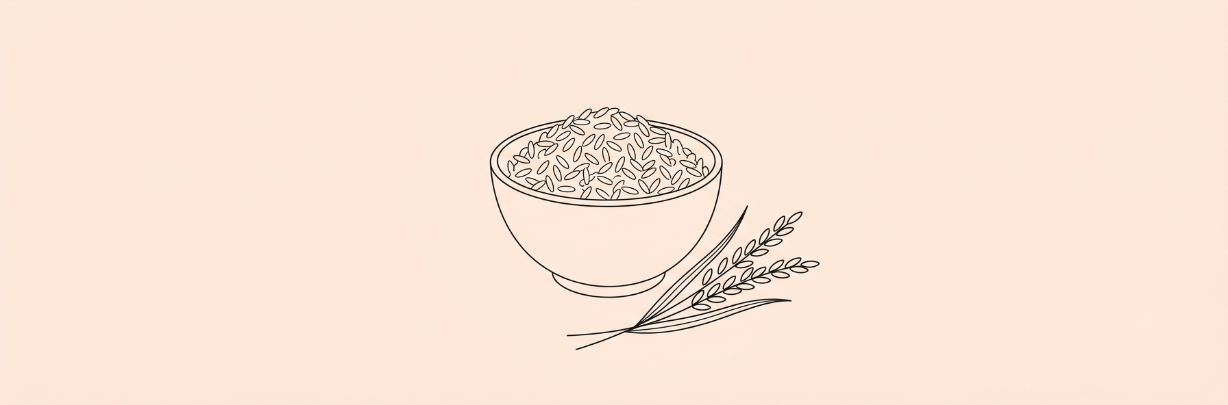 Minimal line-art of a rice bowl with bran stalks on a peach background