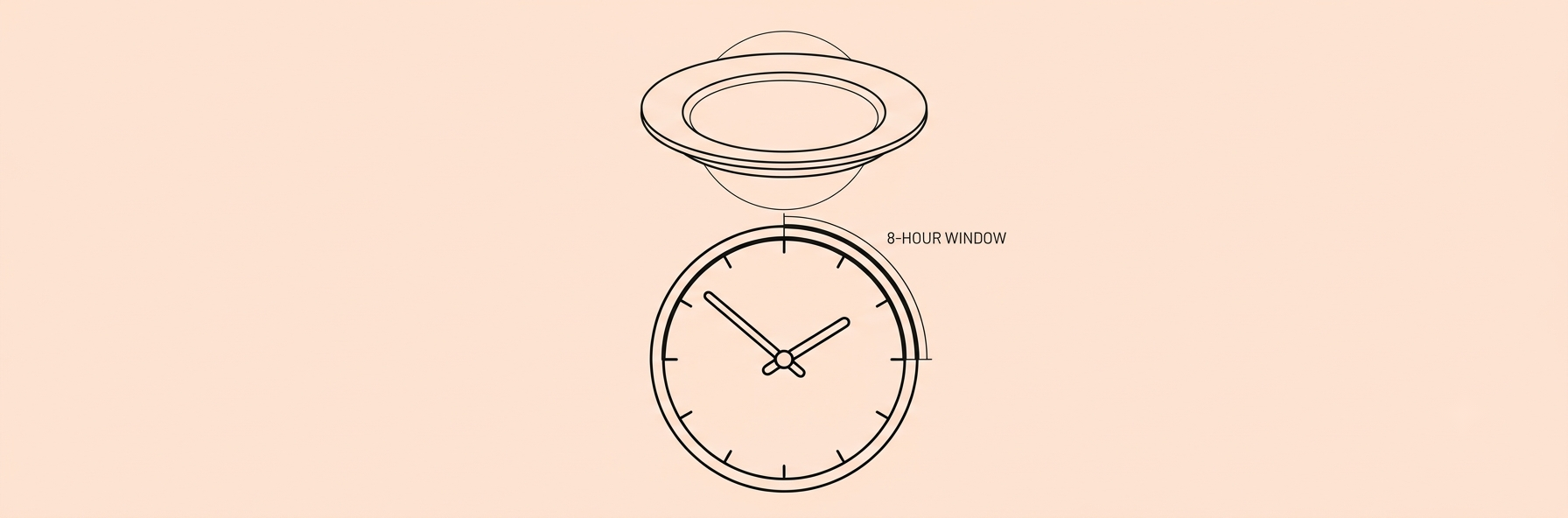 Dinner plate and clock showing an 8-hour eating window, black lineart on peach background