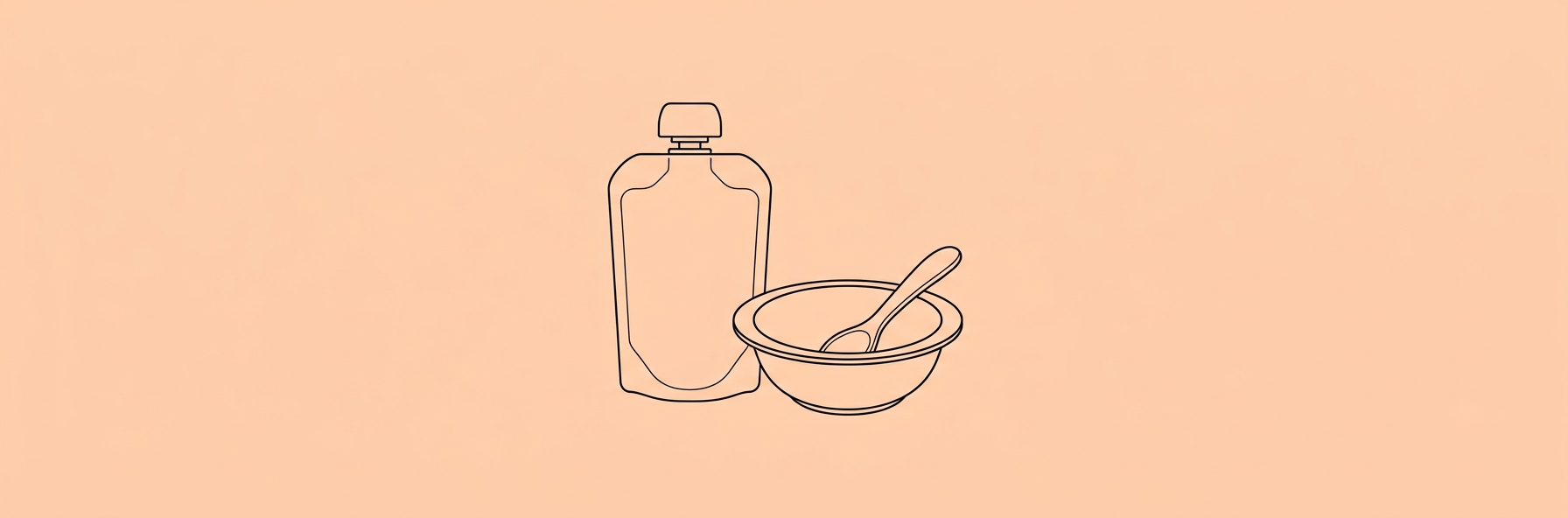 Baby food pouch and bowl with spoon, lineart on peach background