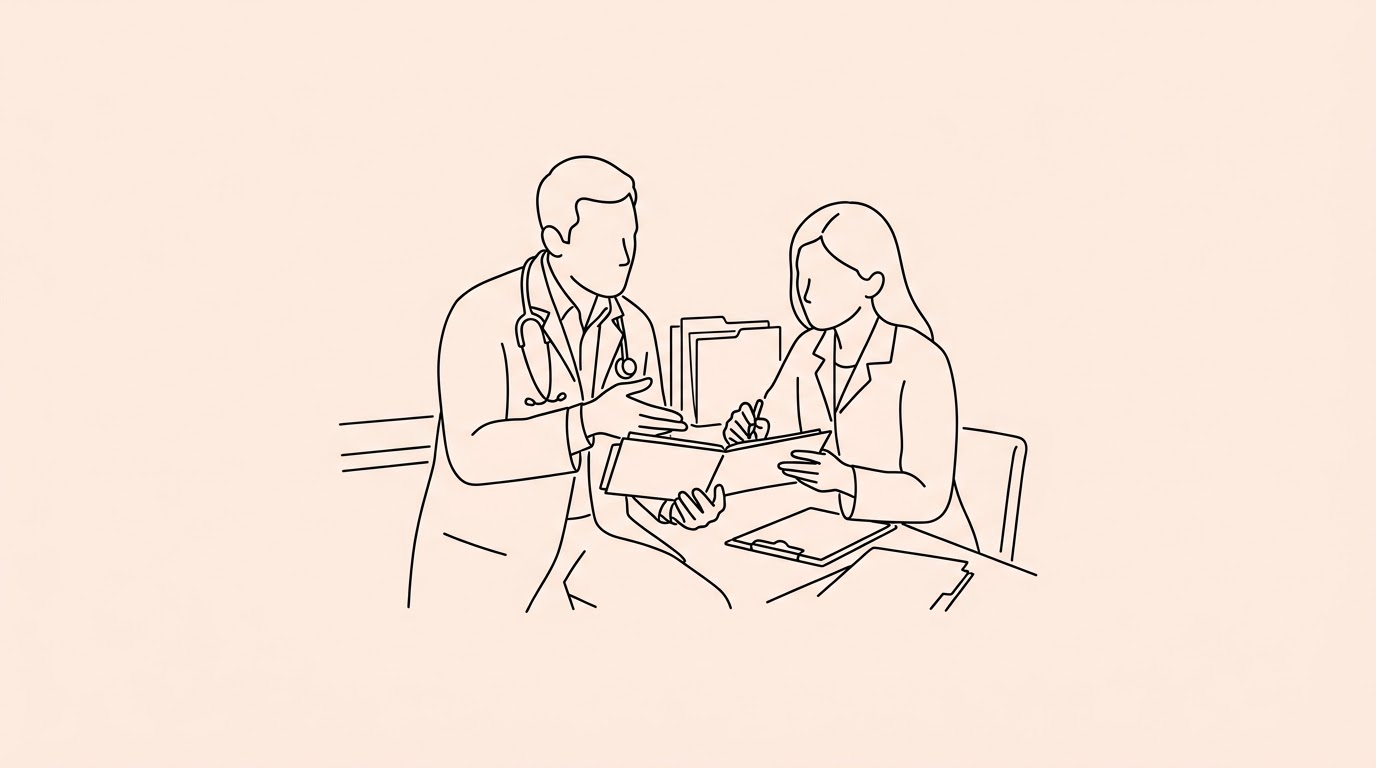 physician and dietitian reviewing patient charts together in a clinical setting