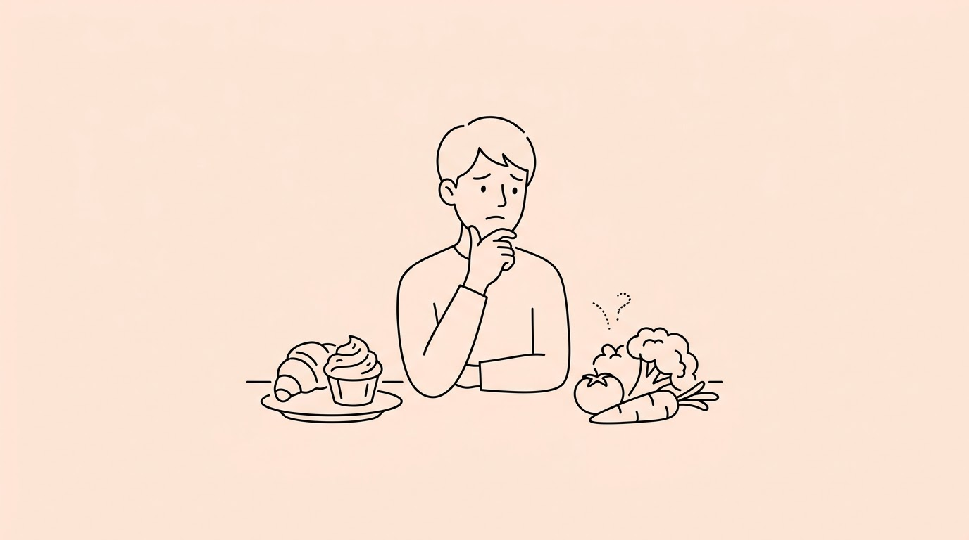 a person looking conflicted between a pastry and healthy vegetables