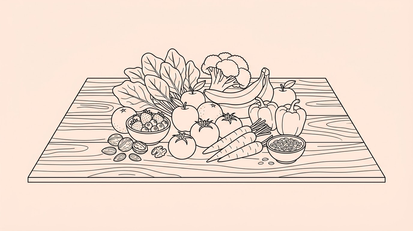 Fresh vegetables, fruits, and nuts associated with the DASH diet arranged on a wooden table