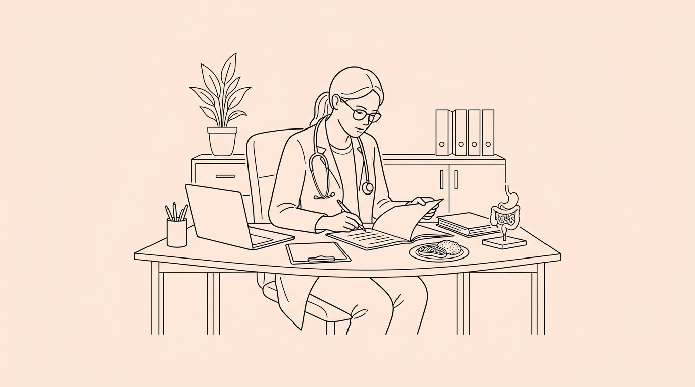 clinical dietitian reviewing patient charts in a modern medical office